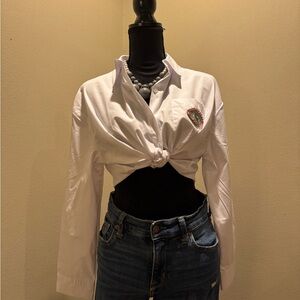 Cropped White Button-Up Shirt with Chest Embellishment